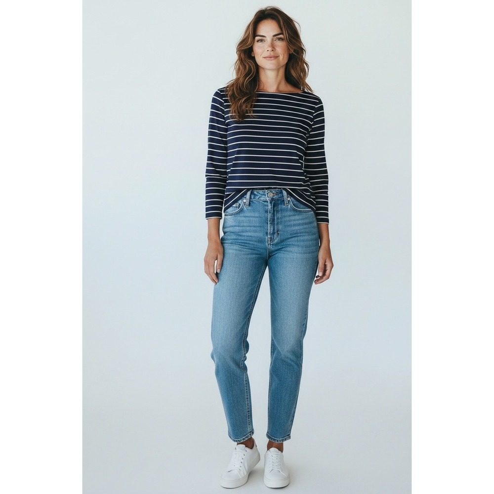 Lauren‎ Ralph Lauren Petite Navy Blue White Striped Boat Neck 3/4 Sleeve Top P/P